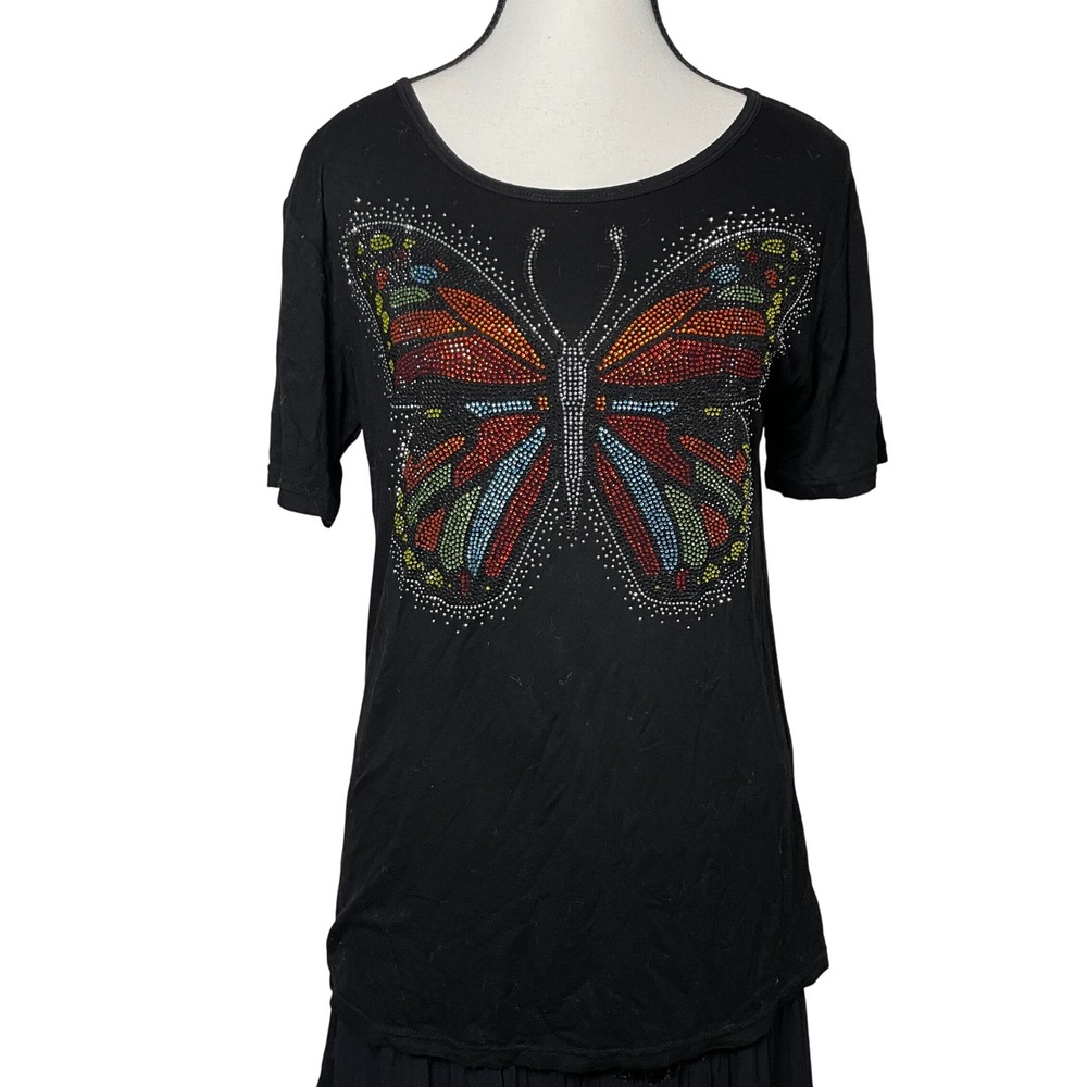 Women's Black Butterfly Rhinestone T-Shirt‎ Colorful Bedazzled Top Relaxed Fit M
